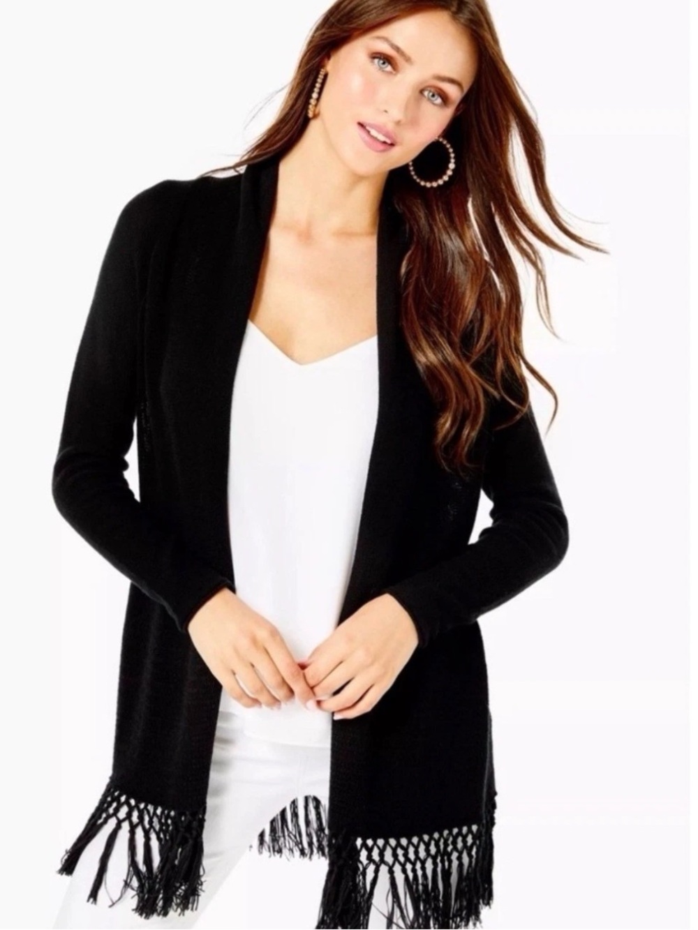 Lilly Pulitzer Tatum Long Black Fringe Open-Front Women's Sweater Cardigan S